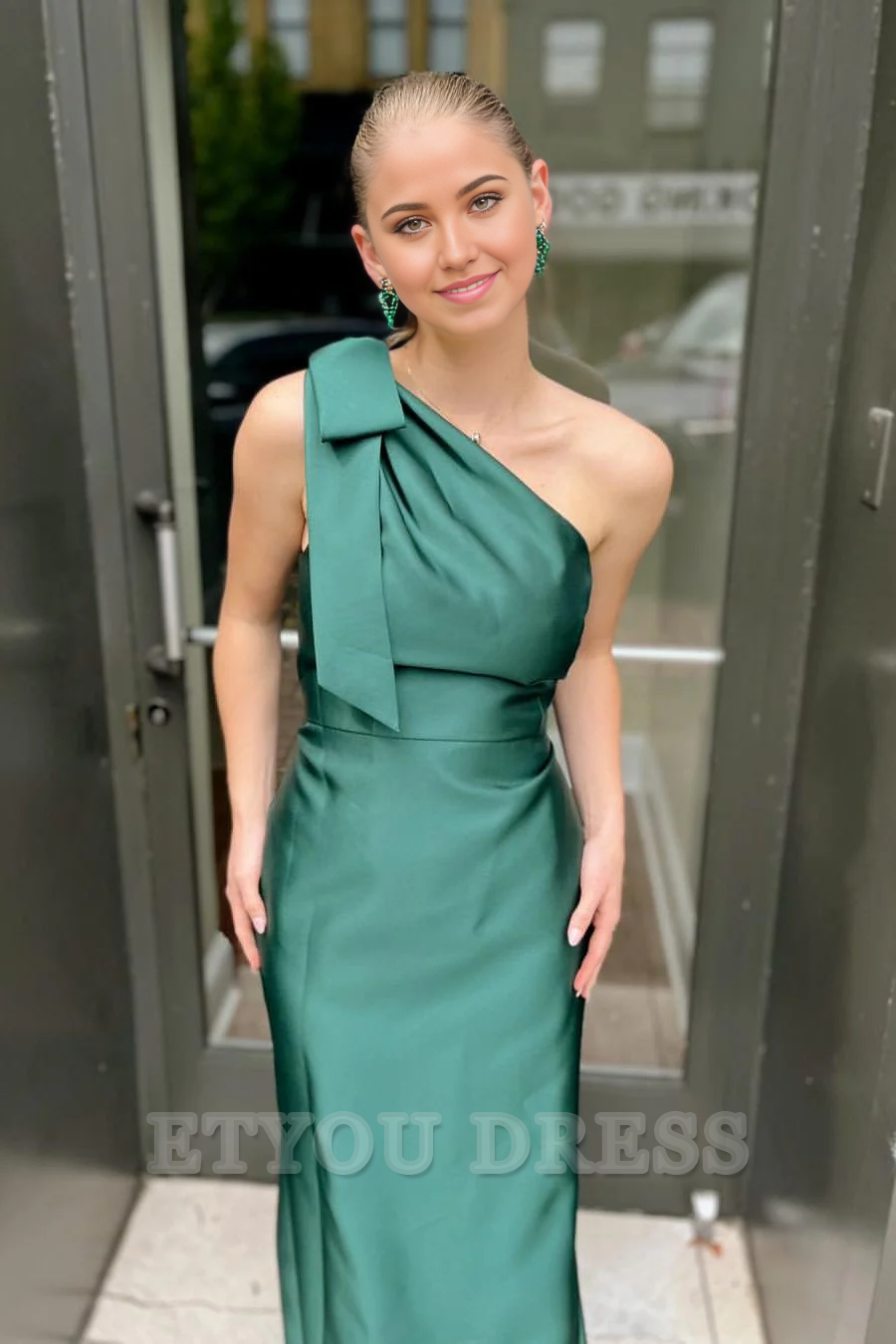 Elegant One Shoulder Bow Satin Pleated Long Green formal dresses evening gown Prom Dress